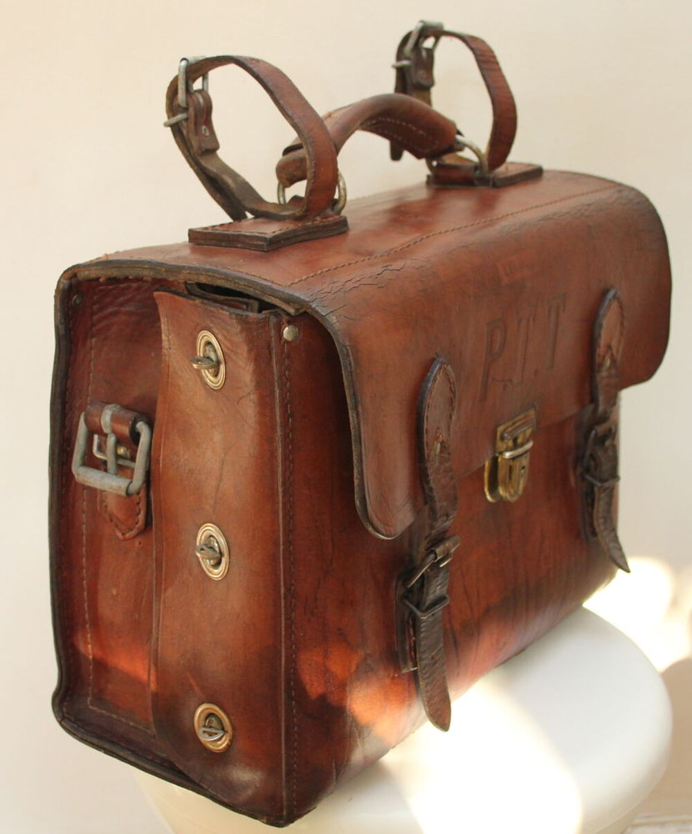 Valise de postier PTT en cuir &eacute;pais 1920 