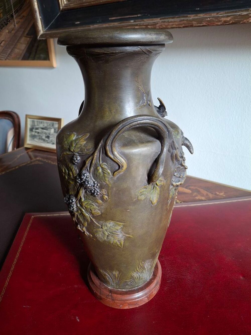 Paire vases art nouveau r&eacute;gule triple patine sign&eacute;s Moreau Décoration