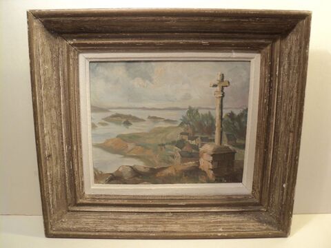 Tableau Ancien Bréhat Loguivy Croix Saint-Michel Signé 1960 90 Île-de-Bréhat (22)