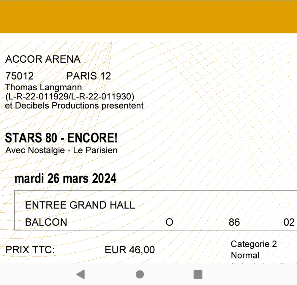 2 billets concert Stars 80 mardi 26 mars &agrave; Paris
Billetterie