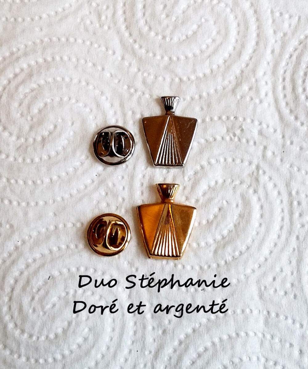 Duo 2 pin's parfum St&eacute;phanie de Monaco, dor&eacute; et argent&eacute; 