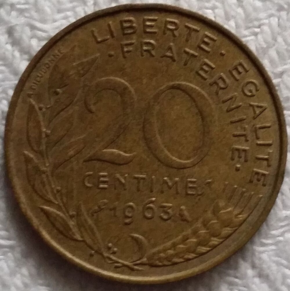 Pi&egrave;ce 20 Cents 1963 4 grammes Bronze Cuivre 92% Aluminium 6% 