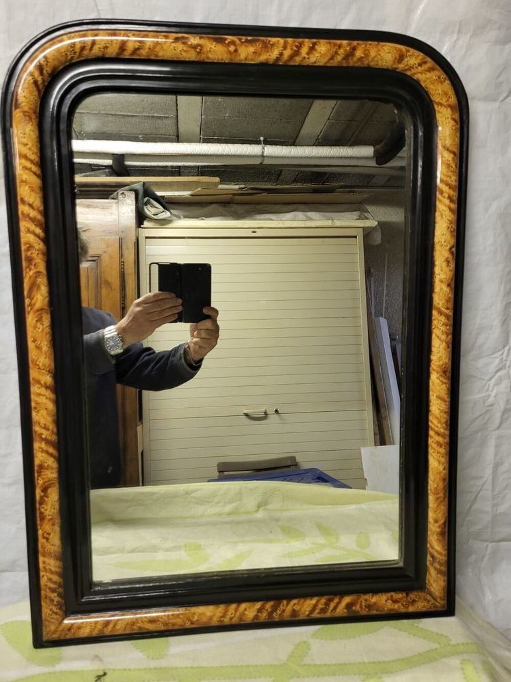 MIROIR DE CHEMINEE Borne laqu&eacute; noir et trompe l'oeil bois Décoration