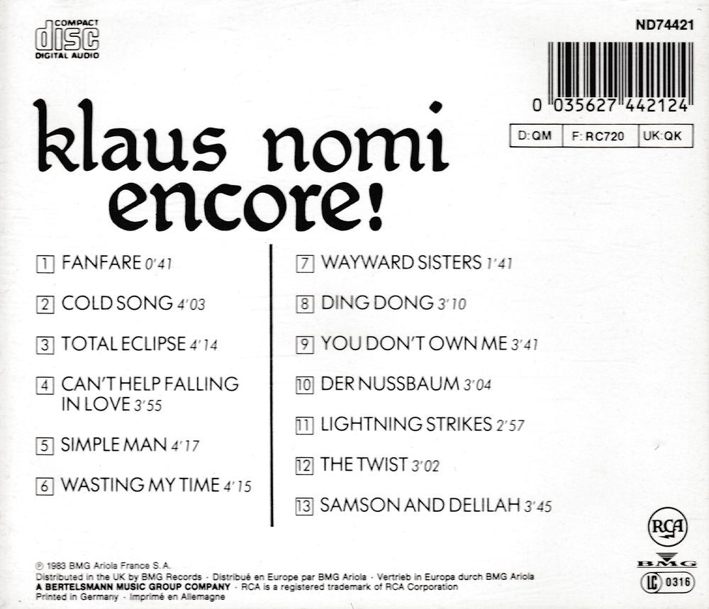 CD Klaus Nomi - Encore (Nomi's Best) CD et vinyles