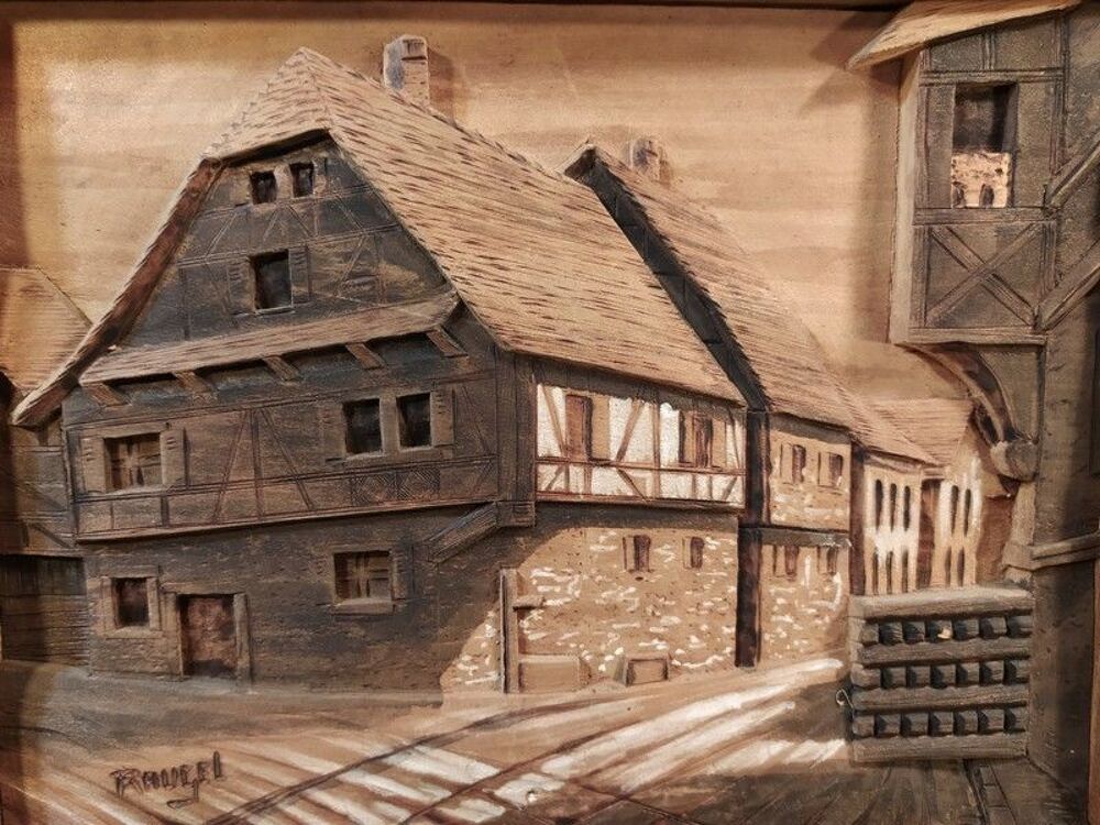 Tableau Chalet Bois Sculpt&eacute; Art Populaire Montagne Raugel Décoration