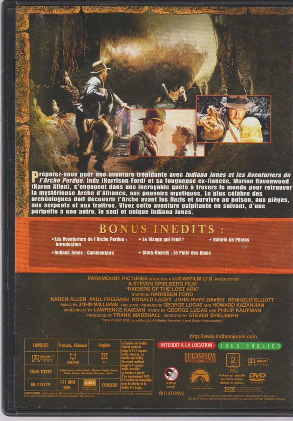 les trois premiers films d'Iindiana Jones DVD et blu-ray