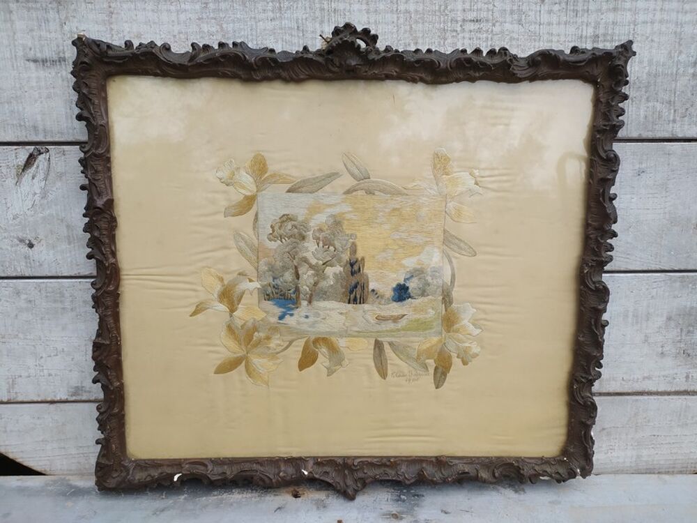 Tableau Paysage Lacustre Broderie sur Soie 1905 Cadre 
