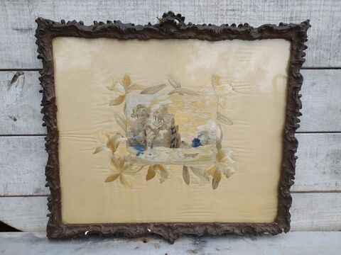 Tableau Paysage Lacustre Broderie sur Soie 1905 Cadre  110 Loches (37)