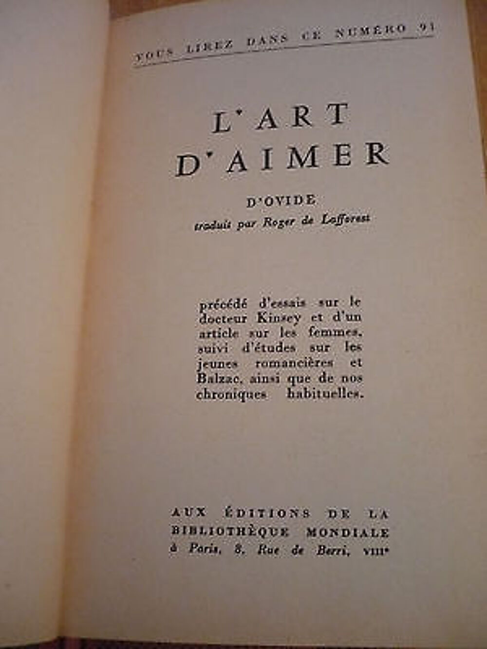 L'ART D'AIMER d'OVIDE - Traduit par Roger de LAFFOREST Livres et BD