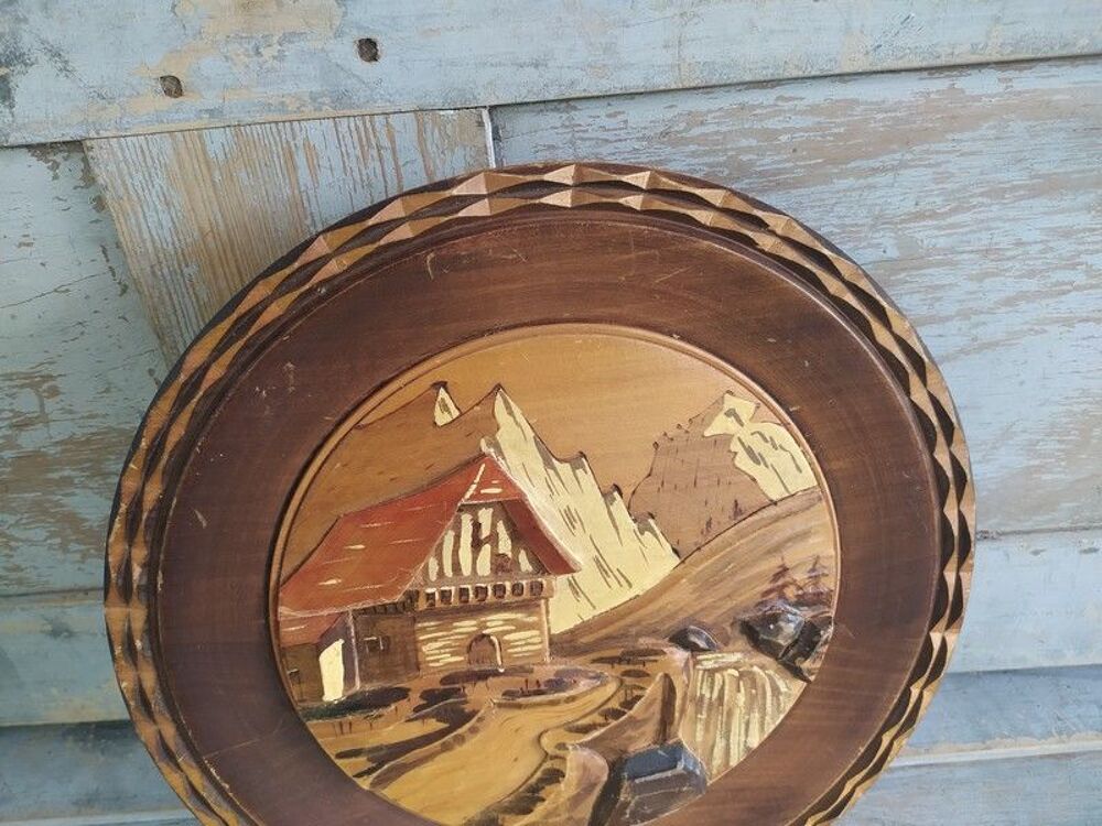 Assiette Bois Sculpt&eacute; Chalet Montagne Art Populaire 1950 Décoration