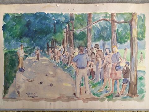 Aquarelle Jeu de Boules à Ardentes 1945 Signé R. Massicard 45 Loches (37)