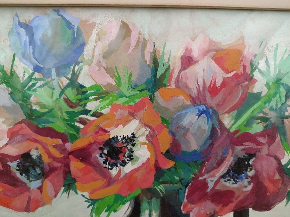 Tableau Nature Morte aux Coquelicots Gouache sign&eacute; M.Lacombe Décoration