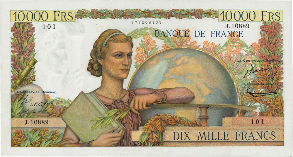  F 50 RARE lot de 2 BILLETS 10 000 F G&Eacute;NIE FR 