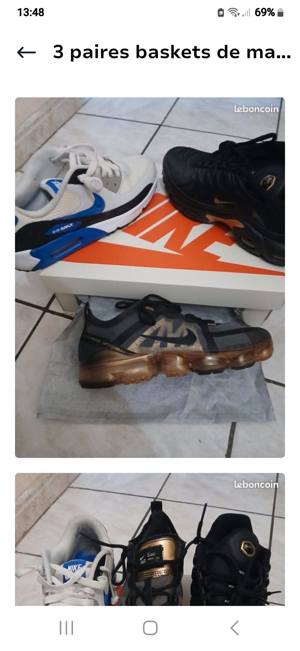 3 paires baskets de marque.
Tr&egrave;s peu ou pas utilis&eacute;es Chaussures