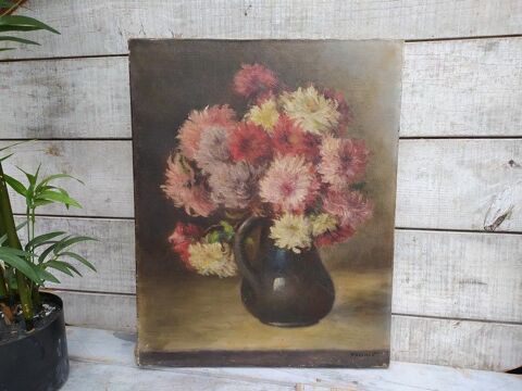 Tableau Nature Morte aux Fleurs Dahlia Sign� V. Salmon 150 Loches (37)