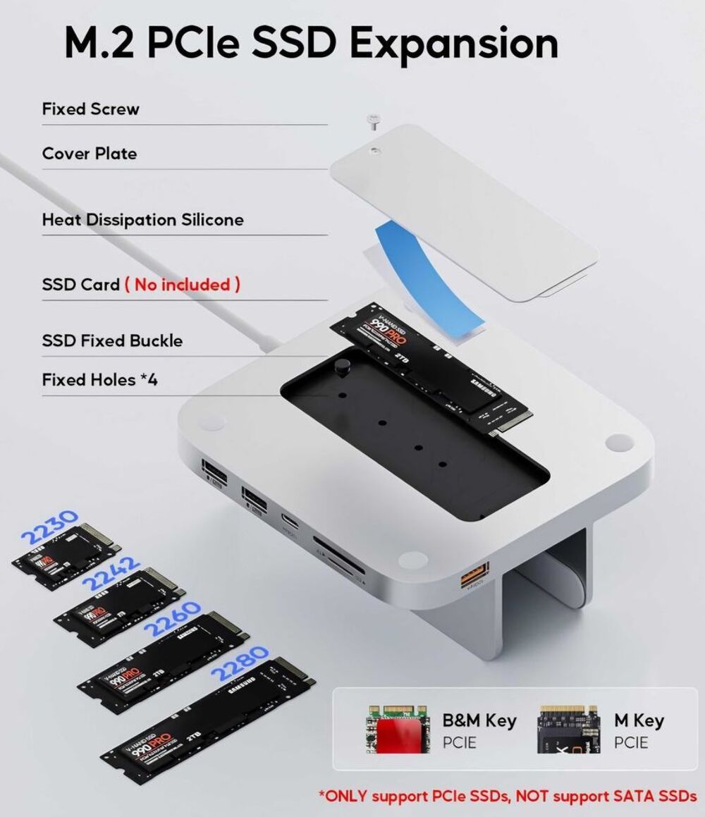 Hub avec bo&icirc;tier M.2 SSD NVMe 8 en 1 Station d'accueil Verticale avec USB A/C 10 Gbit/s, Mac Mini Dock avec SD/TF, M.2 SSD pour Mac Mini M2/M1 Matériel informatique