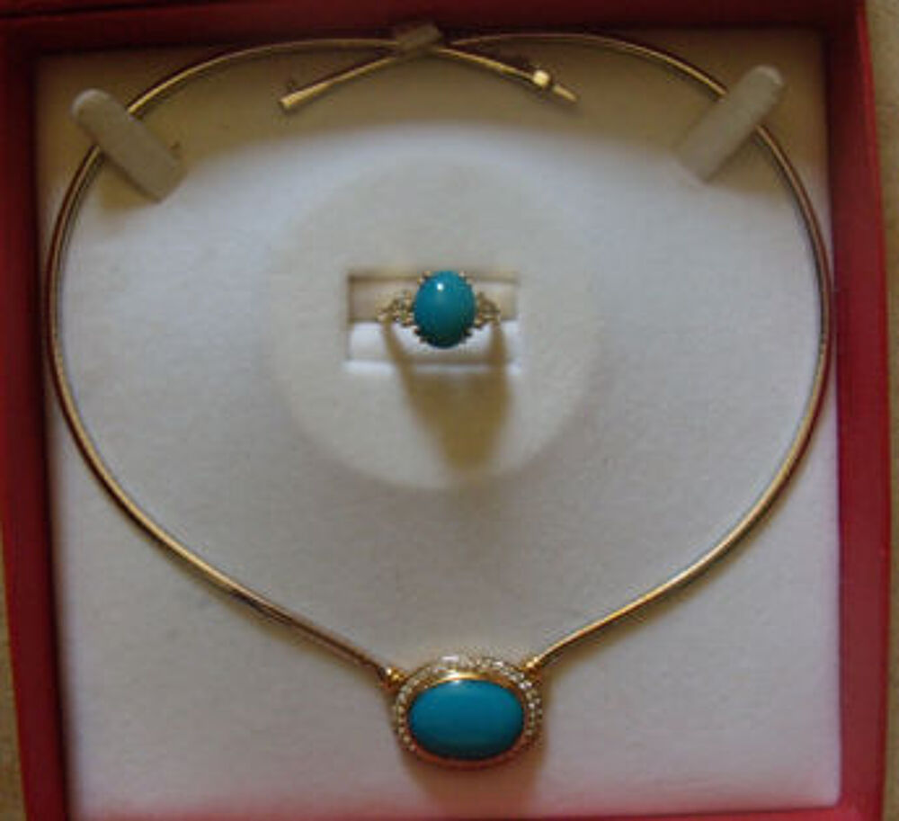 Parure collier et bague or, diamants et turquoises Bijoux et montres