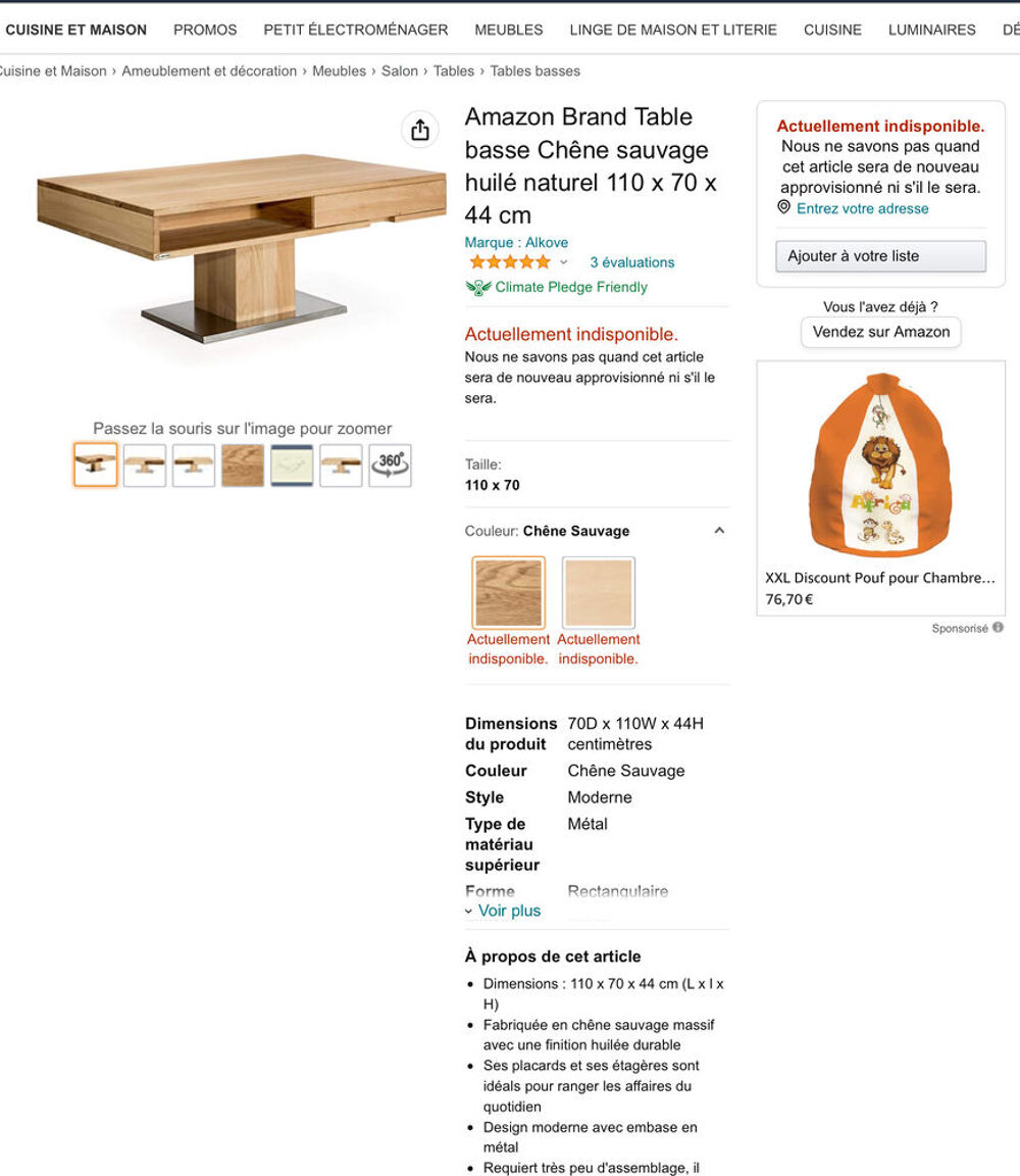 Table basse ALKOVE en ch&ecirc;ne sauvage et pied inox massif Meubles