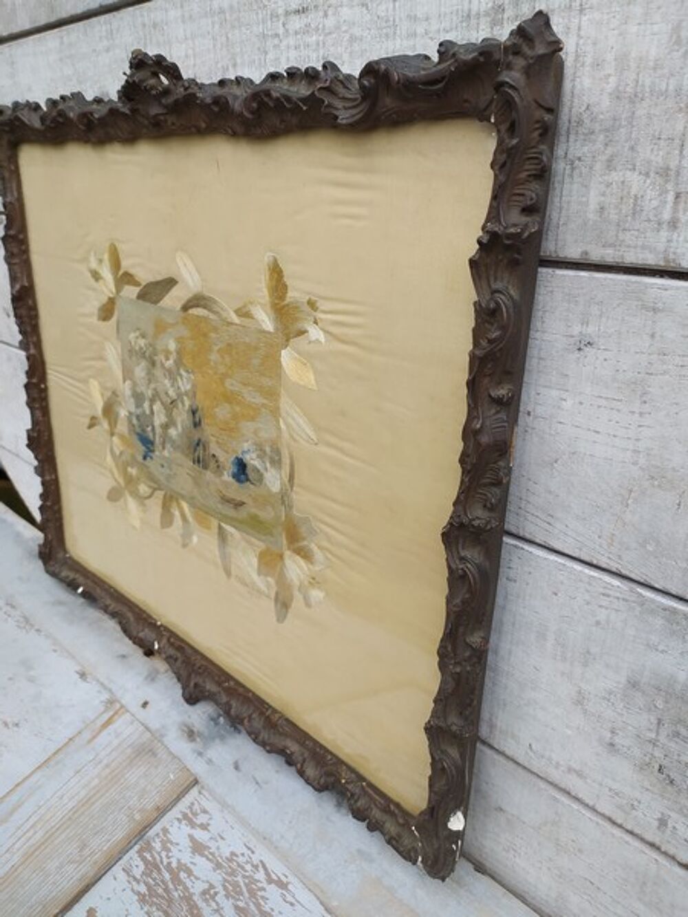 Tableau Paysage Lacustre Broderie sur Soie 1905 Cadre 