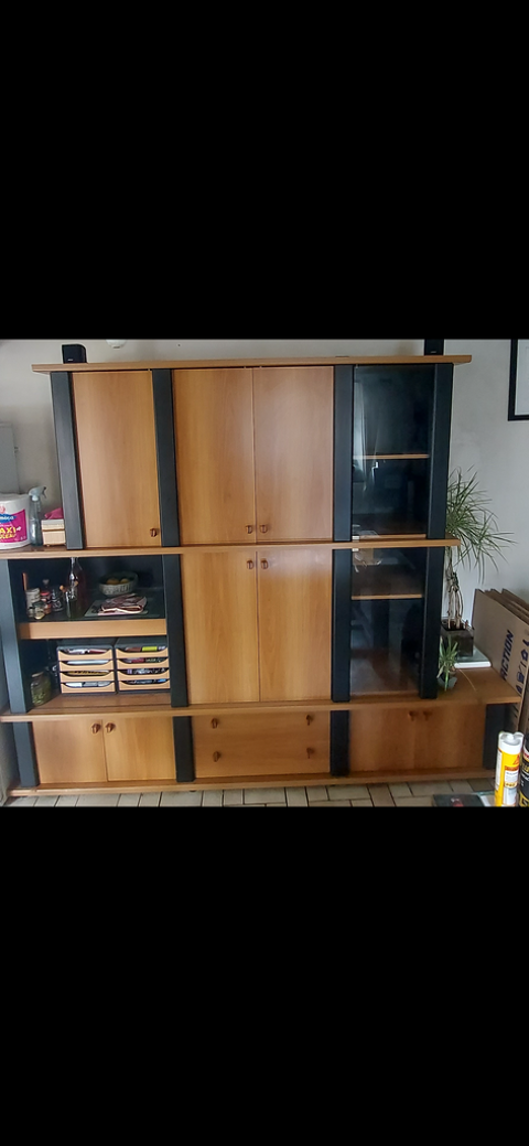 Living en bois clair avec vitrines et rangements 250 Allonnes (28)