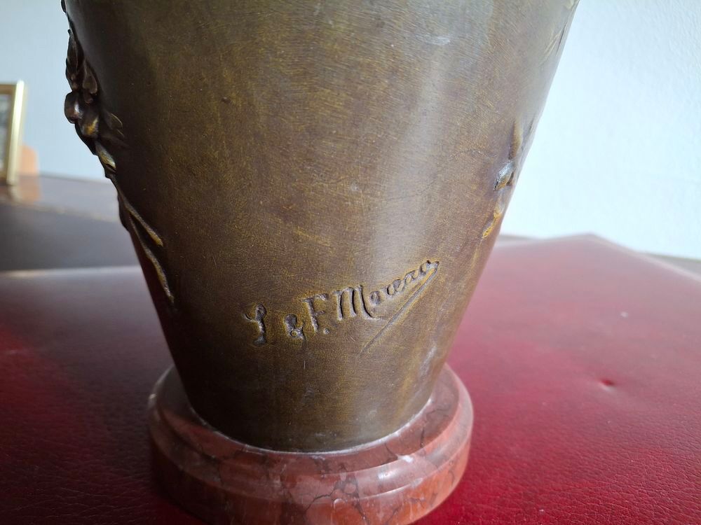 Paire vases art nouveau r&eacute;gule triple patine sign&eacute;s Moreau Décoration