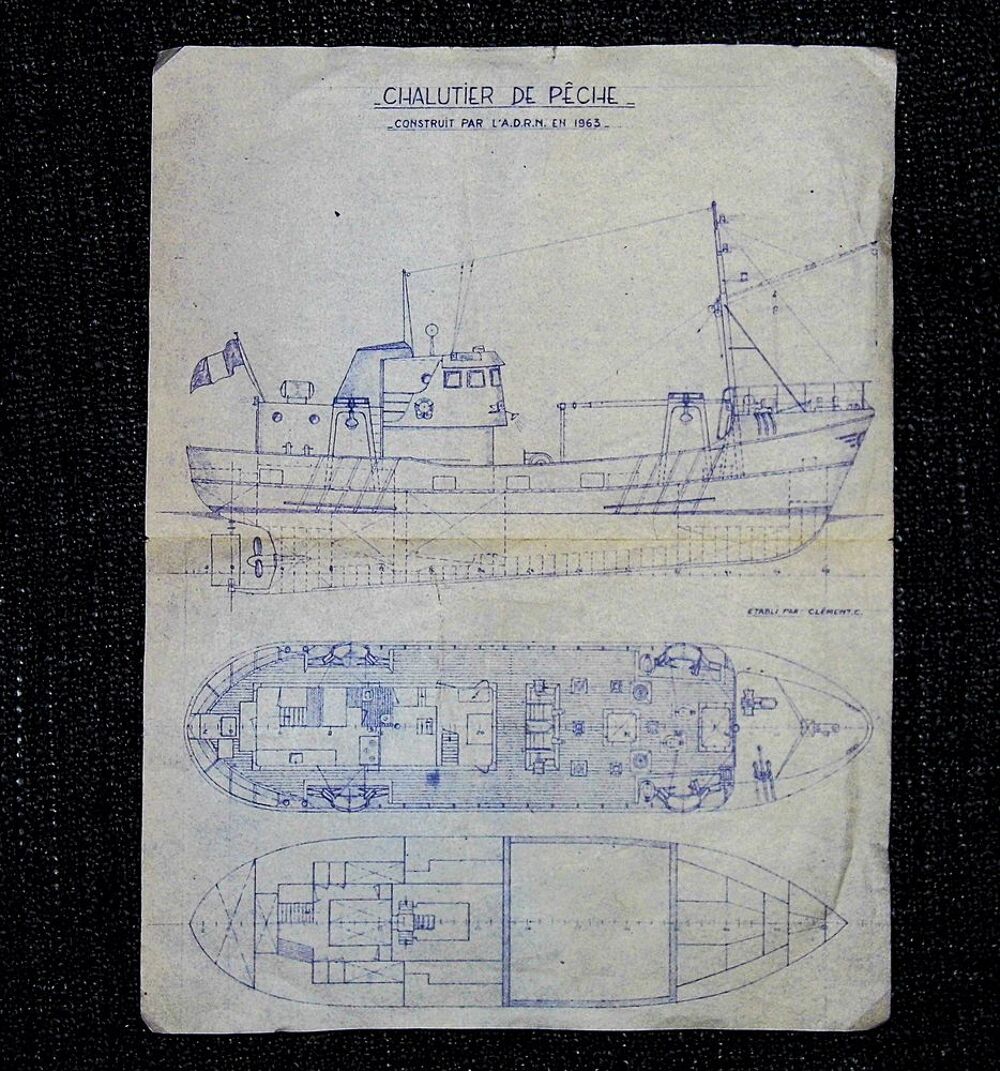Authentique Chalutier bateau de peche marine mer plan coupe 1963 ADRN 