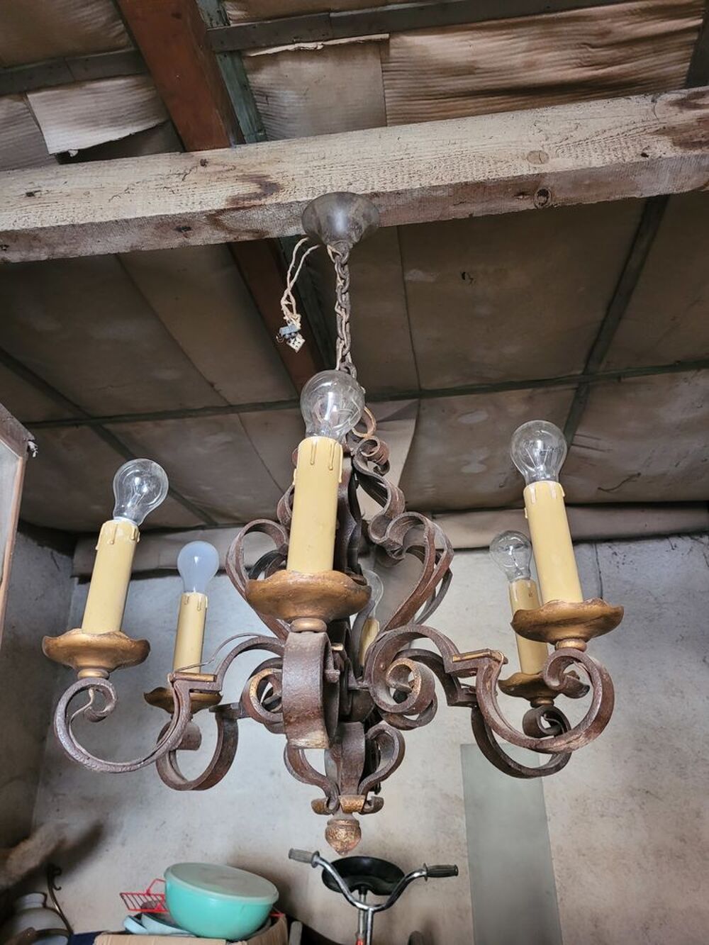 LUSTRE ANCIEN EN FER FORGE / PLAFONNIER VERRE Décoration