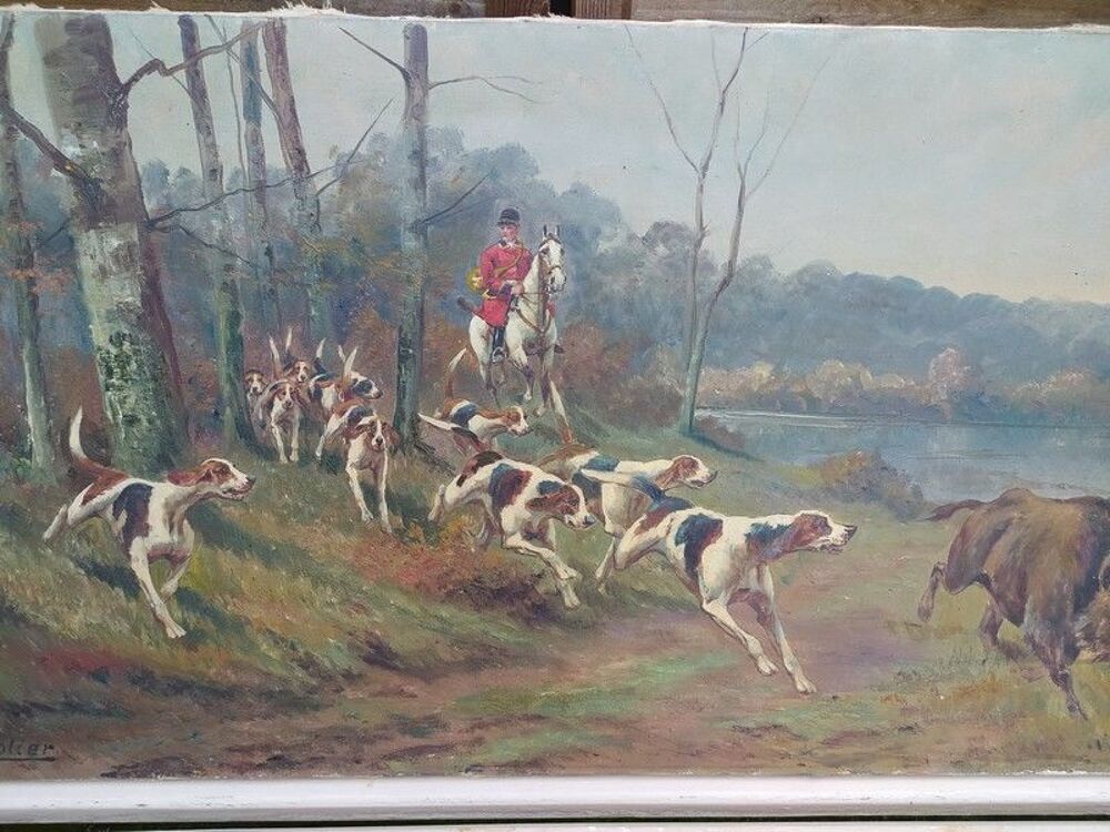 Tableau Chasse &agrave; Courre Sanglier Sign&eacute; Rolier Décoration