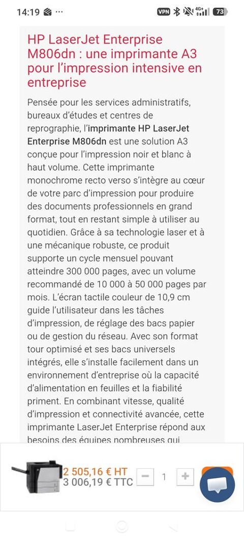 Imprimante HP laser jet entreprise M806dn t 1000 77100 Meaux