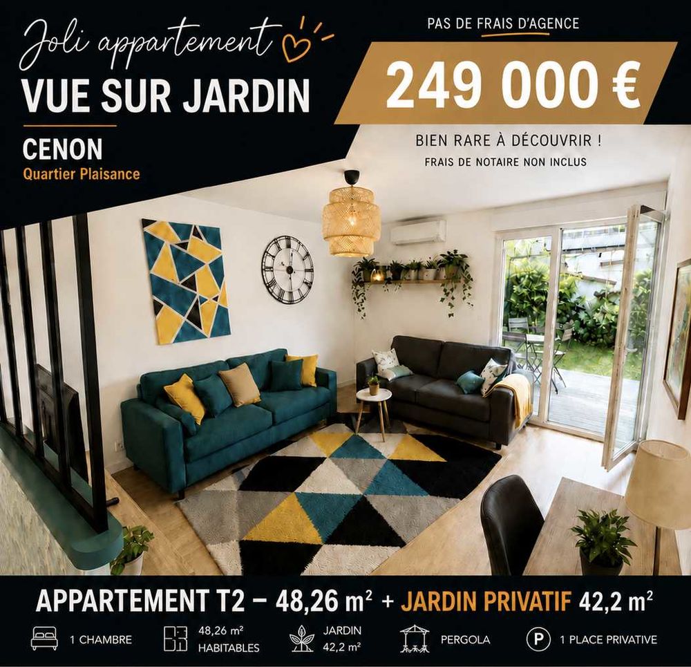 Vente Maison T2 en maisonnette avec jardin privatif, plein sud 48,26 m², Sans frais d'agence Cenon