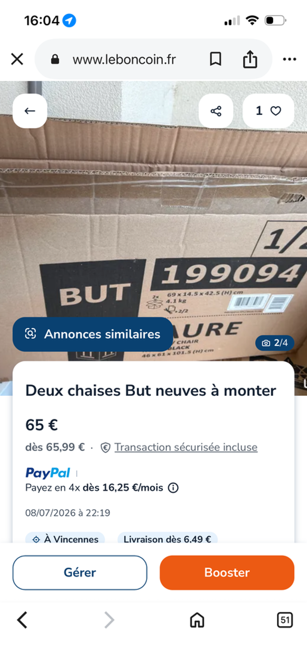 Lot de deux chaises neuves noires dans cartons marque But Meubles