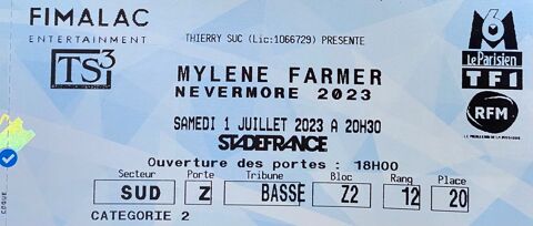 2 billets concert Mylne Farmer Stade de France cat. 2 89 Paris 15 (75)