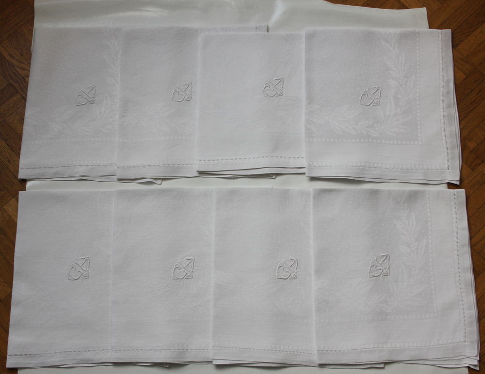 Serviettes lin damass&eacute;es brod&eacute;es art d&eacute;co linge ancien Cuisine