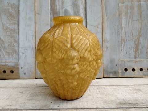 Grand Vase Verre Moulé Couleur Ambre Moucheté Art Déco 55 Loches (37)