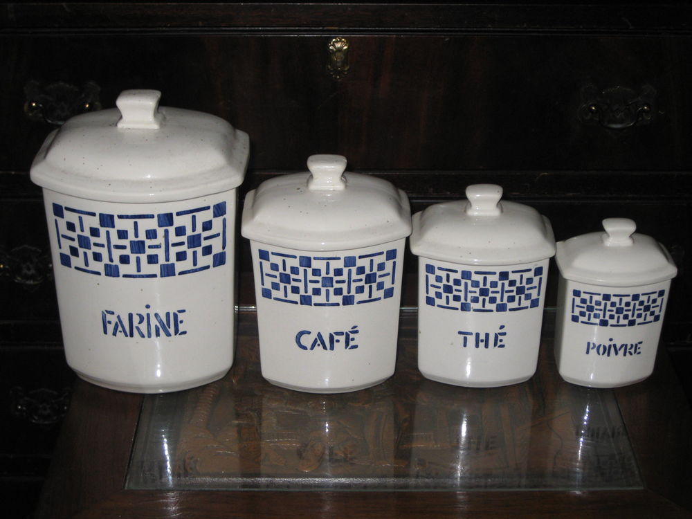 Ancienne s&eacute;rie de 4 pots en fa&iuml;encerie Nouvelle de GIVORS Cuisine