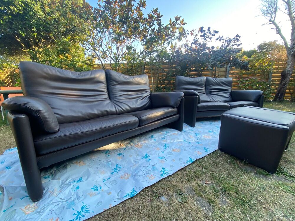 CANAPE : 2 banquettes et un pouf tr&egrave;s confortables, en cuir. Meubles
