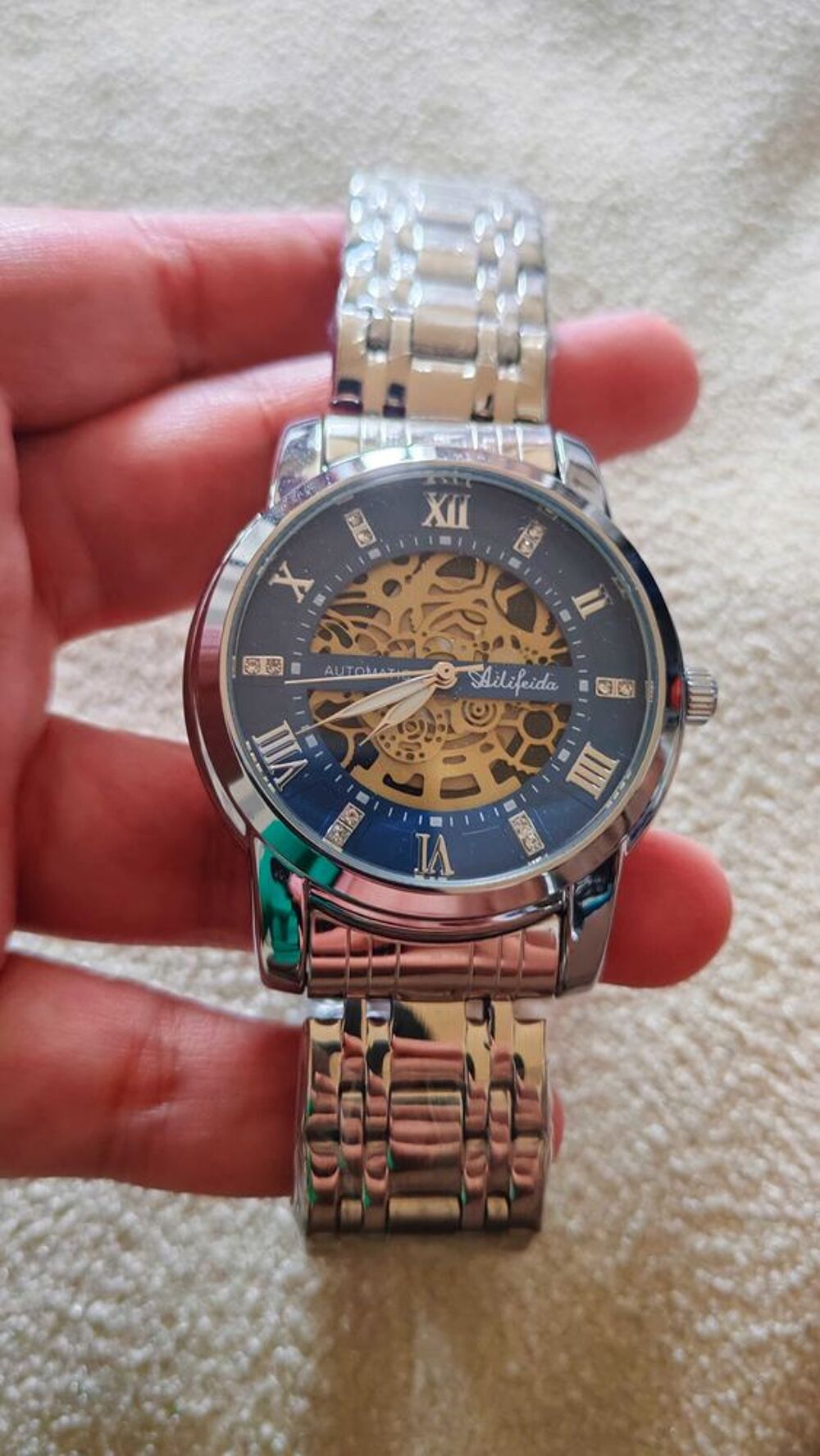 Montre automatique homme €" Cadran squelette bleu &amp; dor&eacute; Bijoux et montres