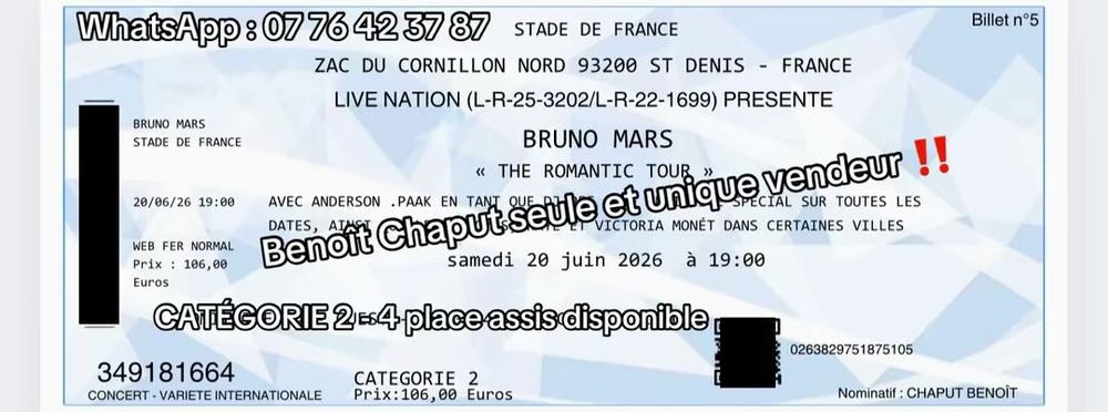 Bruno Mars 20 juin Billetterie