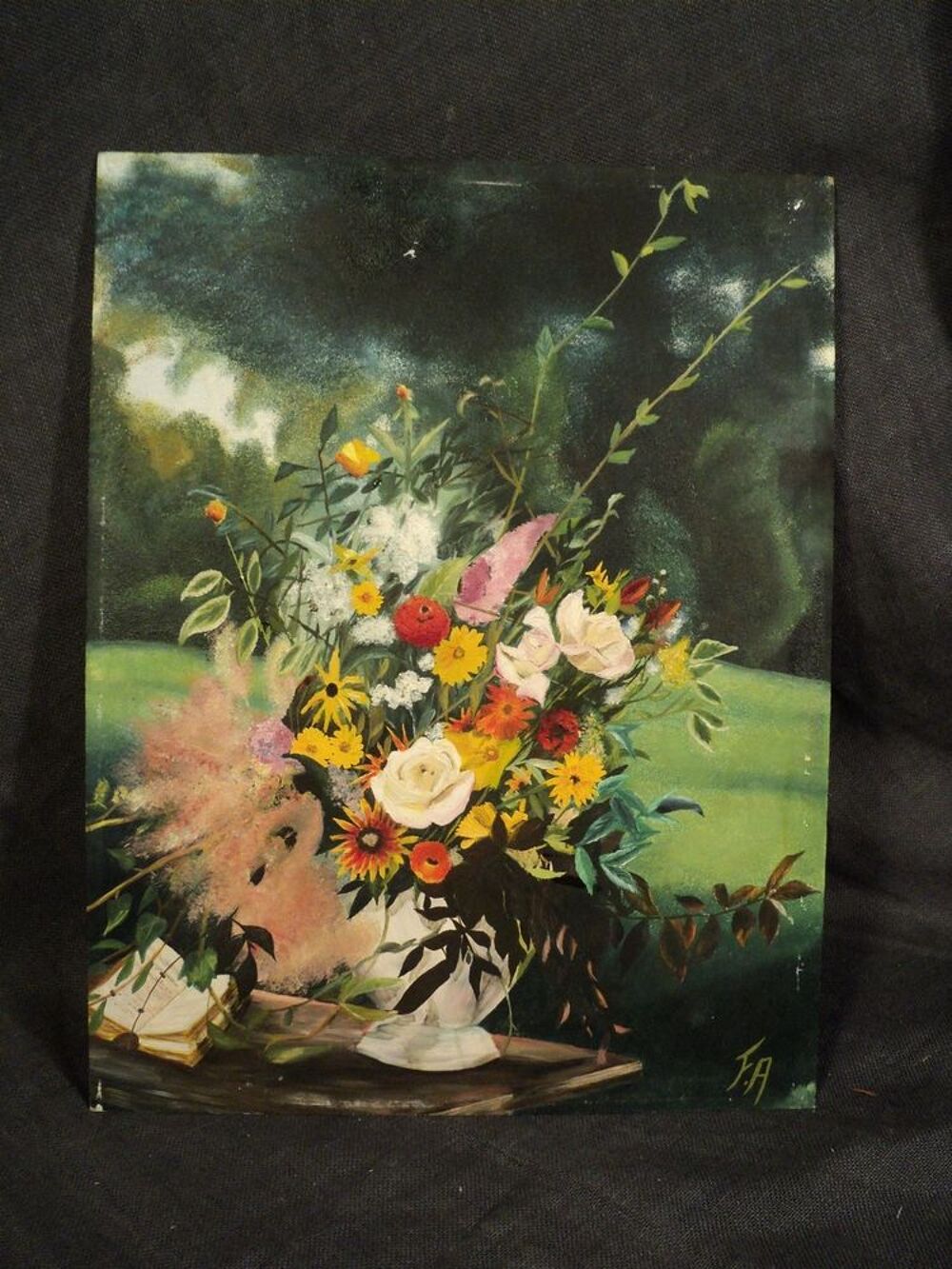 Ancien Tableau Bouquet de Fleurs Sign&eacute; Décoration