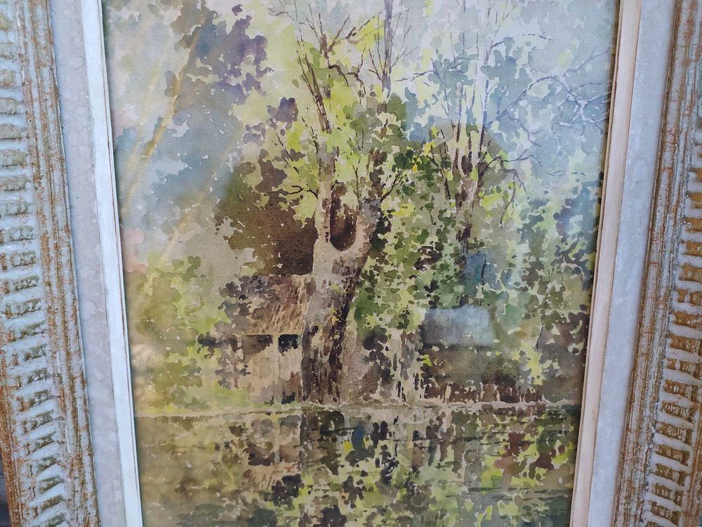 Tableau Aquarelle Paysage Bord de S&egrave;vres Sign&eacute; 