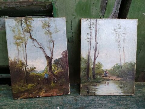 Paire de Petits Tableaux Paysages Anims cole de Barbizon 70 Loches (37)