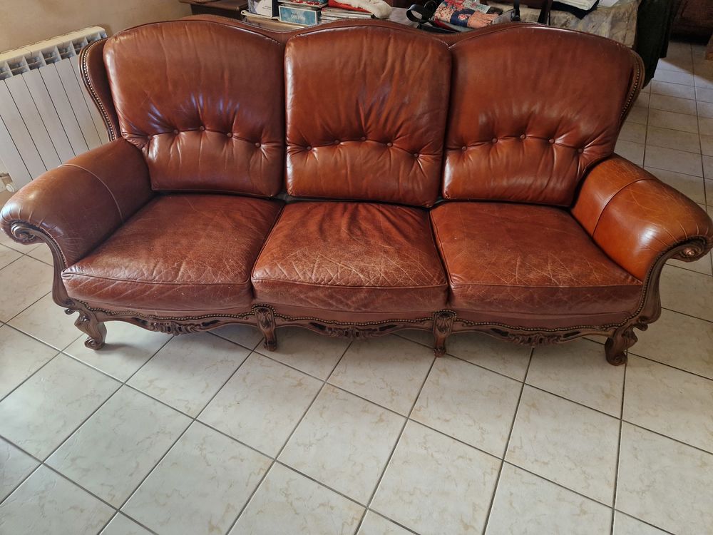 Canap&eacute;+Fauteuil bois&amp;cuir R&eacute;gence 1975 Bonino France 1500 Meubles