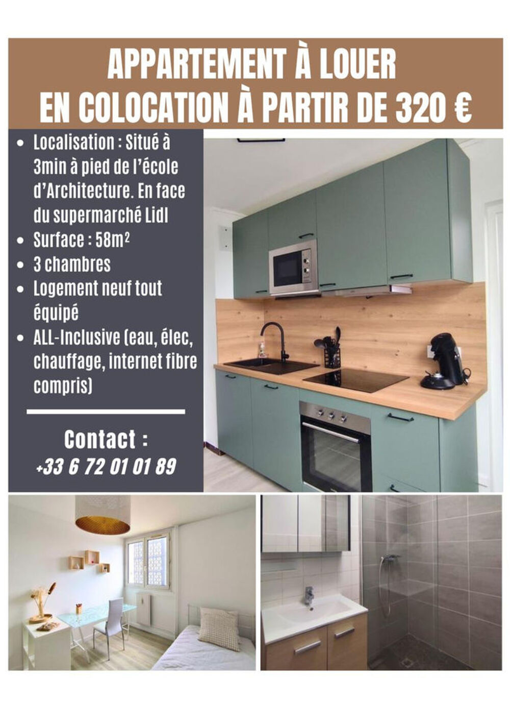 Location Colocation 3 chambres étudiantes, prix 