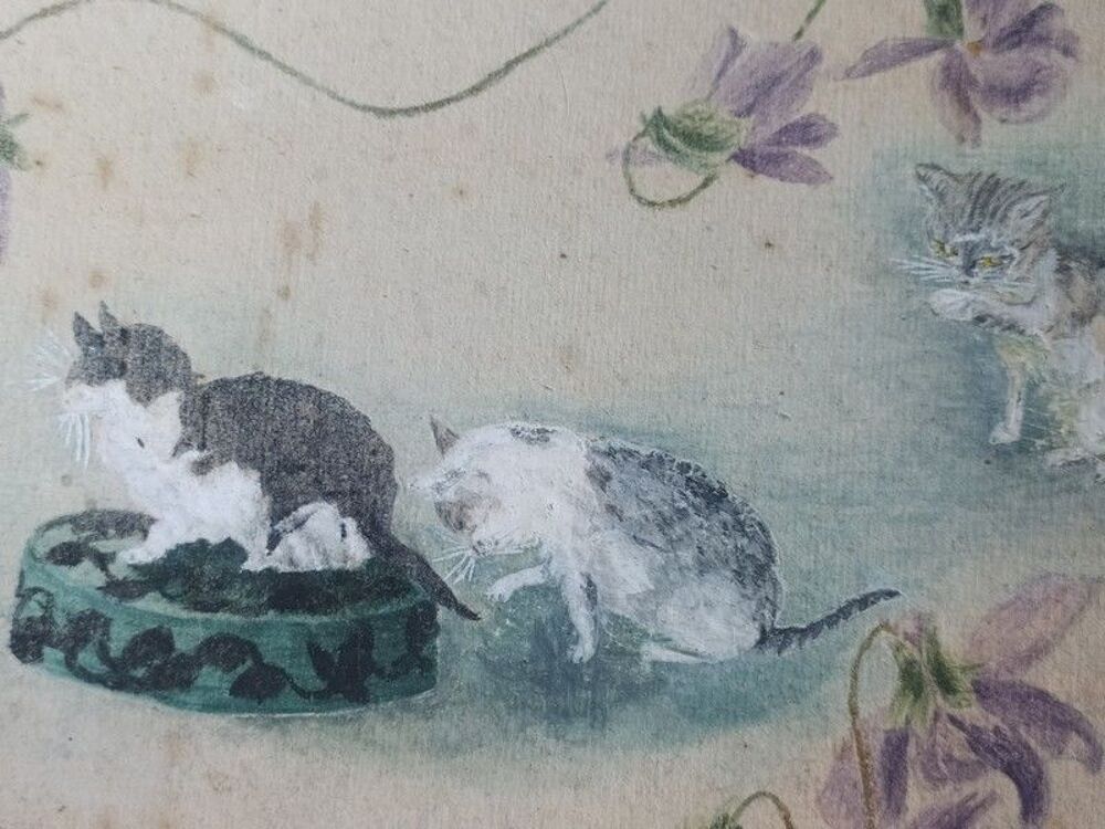 Paire d'&Eacute;crans &Eacute;ventail Peint D&eacute;cor Chats Chatons ca1900 