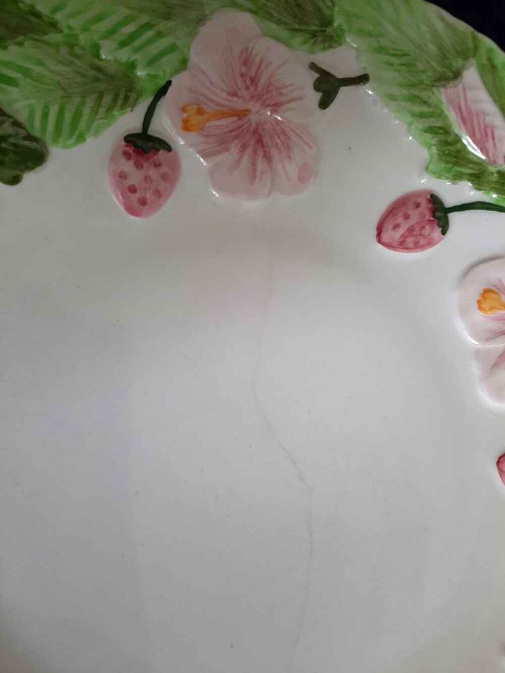 6 Assiettes en barbotine &agrave; d&eacute;cor de fleurs, fraises et feuil Cuisine