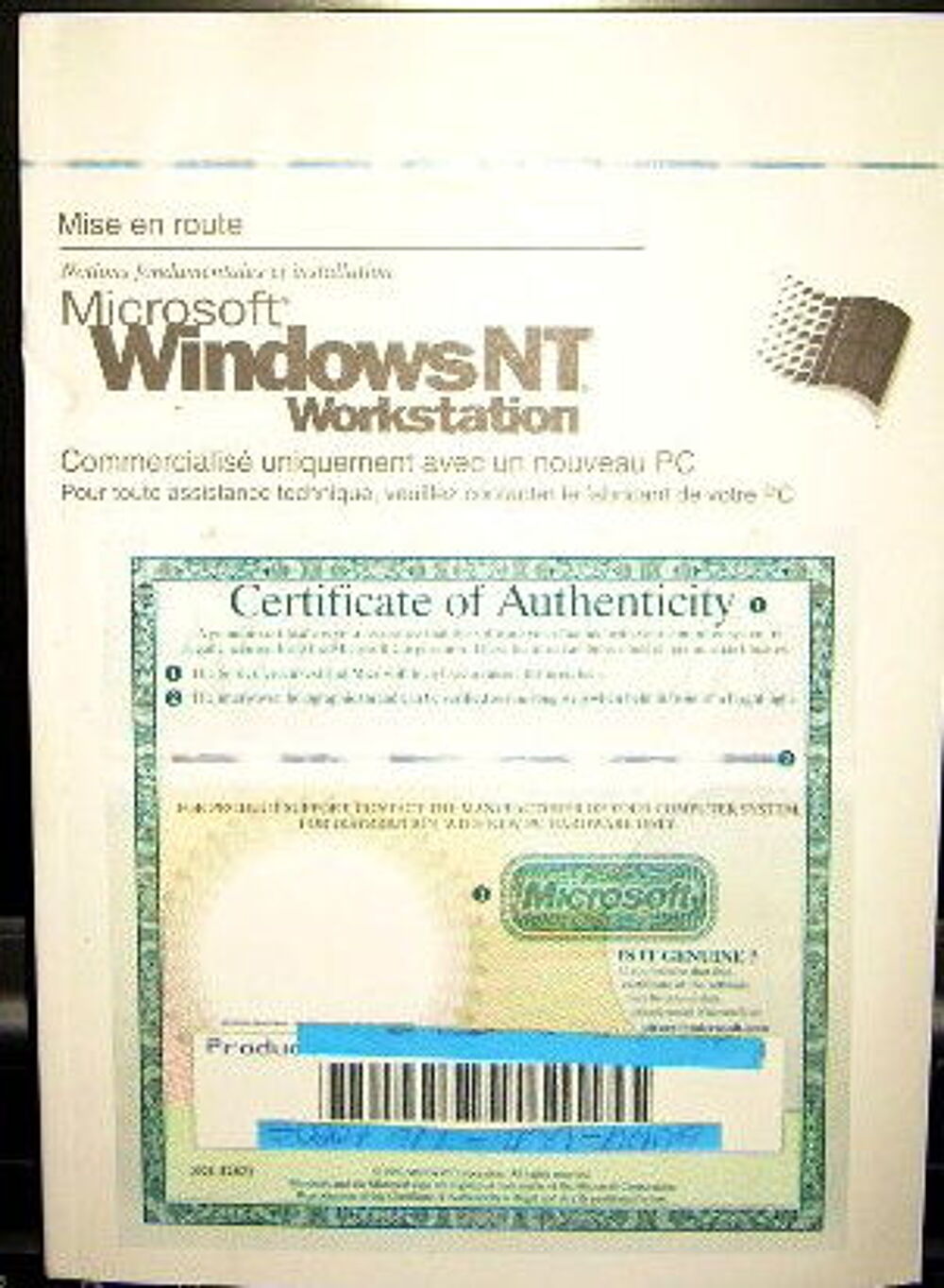 certificat d'authenticit&eacute; +Cd instal. Windows NT Matériel informatique