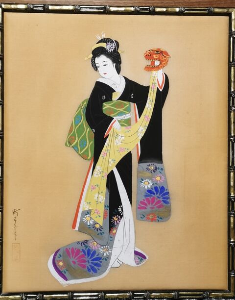 Geisha, peinture japonaise sur la soie 50 Vic-la-Gardiole (34)