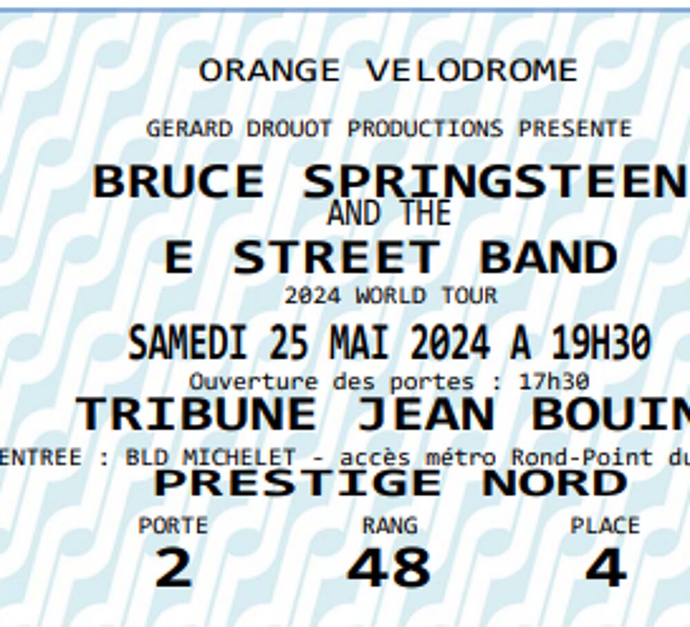 2 billets pour BRUCE SPRINGSTEEN au v&eacute;lodrome le 24/05/24 Billetterie