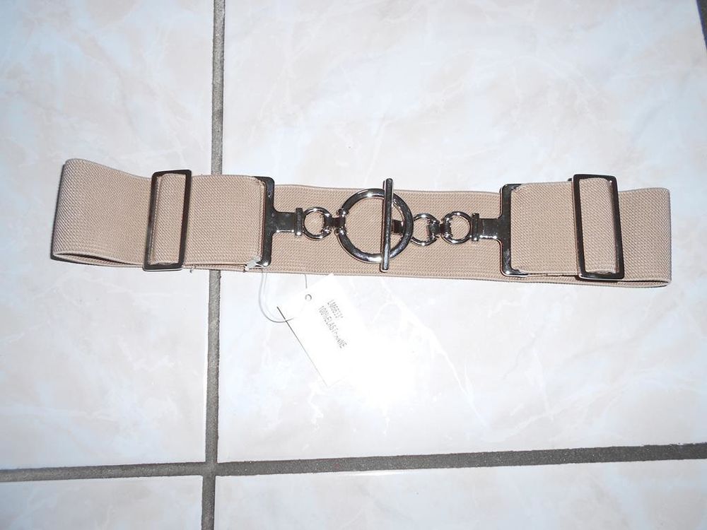 Ceinture beige &eacute;lastiqu&eacute;e boucle m&eacute;tal neuve L 76 cm et + Maroquinerie