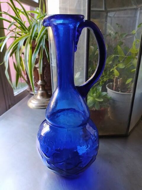 Aiguière Carafe Verre Soufflé Bullé Bleu Cobalt Apothicaire 55 Loches (37)